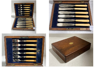 A VINTAGE CASED SET OF PLATED FISH KNIVES AND FORKS: LOCATION - BR8