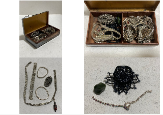 A SILVER COLOURED ANTIQUE BOX WITH JEWELLERY CONTENTS: LOCATION - BR9