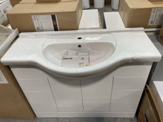 (COLLECTION ONLY) FLOOR STANDING 4 DOOR 2 DRAWER SEMI RECESSED SINK UNIT IN WHITE WITH A 1050 X 500MM 1TH CERAMIC BASIN COMPLETE WITH A MONO BASIN MIXER TAP & CHROME SPRUNG WASTE - RRP £1010: LOCATIO