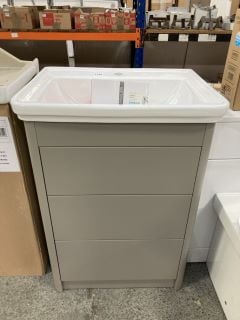 (COLLECTION ONLY) FLOOR STANDING 3 DRAWER SINK UNIT IN MAT STONE GREY WITH A 630 X 480MM 1TH CERAMIC BASIN COMPLETE WITH A MONO BASIN MIXER TAP & CHROME SPRUNG WASTE - RRP £820: LOCATION - C4