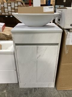 FLOOR STANDING 2 DOOR COUNTER TOP SINK UNIT IN WHITE MARBLE 530 X 440MM WITH A OVAL CERAMIC VESSEL BASIN COMPLETE WITH A HIGH MONO BASIN MIXER TAP & CHROME SPRUNG WASTE - RRP £748: LOCATION - C5