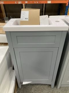 (COLLECTION ONLY) FLOOR STANDING 1 DOOR CLOSET SINK UNIT IN GREY WITH A 460 X 230MM 1TH POLYMARBLE BASIN COMPLETE WITH A MONO BASIN MIXER TAP & CHROME SPRUNG WASTE - RRP £645: LOCATION - C5