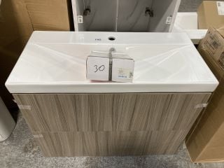 (COLLECTION ONLY) WALL HUNG 2 DRAWER SINK UNIT IN DRIFTWOOD WITH A 820 X 400MM 1TH CERAMIC BASIN COMPLETE WITH A MONO BASIN MIXER TAP & CHROME SPRUNG WASTE - RRP £830: LOCATION - C5