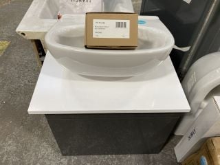 (COLLECTION ONLY) WALL HUNG 1 DRAWER COUNTER TOP SINK UNIT IN GLOSS GREY & WHITE 550 X 380MM WITH A 1TH CERAMIC BASIN COMPLETE WITH A MONO BASIN MIXER TAP & CHROME SPRUNG WASTE - RRP £645: LOCATION -