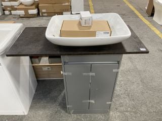 (COLLECTION ONLY) FLOOR STANDING 2 DOOR SINK UNIT IN MAT GREY 460 X 450MM WITH A 1000 X 460MM COUNTER TOP IN MOCCA & CERAMIC VESSEL BASIN WITH A HIGH MONO BASIN MIXER TAP & CHROME SPRUNG WASTE - RRP