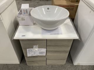 (COLLECTION ONLY) VITRA WALL HUNG 2 DOOR SINK UNIT IN OAK EFFECT WITH A WHITE SOLID SURFACE COUNTERTOP 600 X 460MM COMPLETE WITH A ROUND CERAMIC VESSEL BASIN WITH A WALL MOUNTED BASIN MIXER IN CHROME