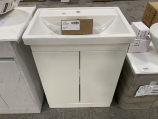 (COLLECTION ONLY) FLOOR STANDING 2 DOOR SINK UNIT IN WHITE WITH A 640 X 430MM 1TH CERAMIC BASIN COMPLETE WITH A MONO BASIN MIXER TAP & CHROME SPRUNG WASTE - RRP £750: LOCATION - D6