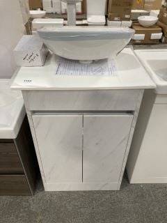 (COLLECTION ONLY) FLOOR STANDING 2 DOOR SINK UNIT IN WHITE MARBLE WITH A 600 X 460MM WHITE SOLID SURFACE COUNTERTOP COMPLETE WITH A 1TH CERAMIC BASIN & MONO BASIN MIXER TAP & CHROME SPRUNG WASTE - RR