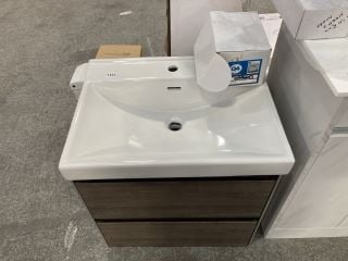 (COLLECTION ONLY) WALL HUNG 2 DRAWER SINK UNIT IN DARK ELM WITH A 620 X 470MM 1TH CERAMIC BASIN COMPLETE WITH A MONO BASIN MIXER TAP & CHROME SPRUNG WASTE - RRP £765: LOCATION - D6