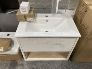 (COLLECTION ONLY) WALL HUNG 1 DRAWER WITH OPEN SHELF SINK UNIT IN WHITE & OAK EFFECT WITH A 610 X 400MM 1TH CERAMIC BASIN COMPLETE WITH A TRADITIONAL CROSSHEAD MONO BASIN MIXER TAP & CHROME SPRUNG WA