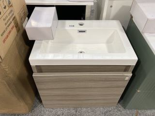 (COLLECTION ONLY) WALL HUNG 1 DOOR SINK UNIT IN DRIFTWOOD WITH A 505 X 360MM 1TH POLYMARBLE BASIN COMPLETE WITH A MONO BASIN MIXER TAP & CHROME SPRUNG WASTE - RRP £699: LOCATION - D6