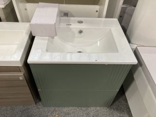 (COLLECTION ONLY) WALL HUNG 2 DRAWER SINK UNIT IN SAGE WITH A 510 X 400MM 1TH CERAMIC BASIN COMPLETE WITH A MONO BASIN MIXER TAP & CHROME SPRUNG WASTE - RRP £730: LOCATION - D6