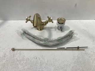 TRADITIONAL CROSSHEAD MONO BASIN MIXER TAP IN BRUSHED BRASS WITH POP UP WASTE - RRP £275: LOCATION - R1