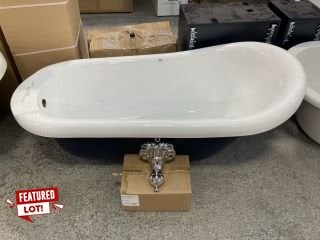 1550 X 720MM TRADITIONAL ROLL TOPPED SINGLE ENDED SLIPPER STYLE BATH IN ROYAL BLUE WITH A SET OF CHROME CLAW & BALL FEET - RRP £1116: LOCATION - C1