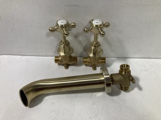 PAIR OF WALL MOUNTED TRADITIONAL CROSSHEAD STOP TAPS WITH SPOUT IN BRUSHED BRASS - RRP £255: LOCATION - R1