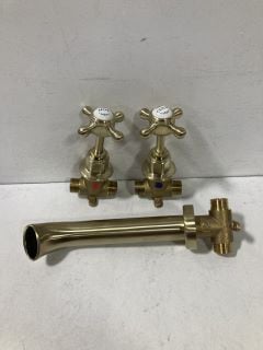 PAIR OF WALL MOUNTED TRADITIONAL CROSSHEAD STOP TAPS WITH SPOUT IN BRUSHED BRASS - RRP £255: LOCATION - R1