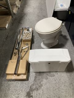 (COLLECTION ONLY) TRADITIONAL TOILET PAN WITH WOODEN TOILET SEAT IN IVORY, HIGH LEVEL CERAMIC CISTERN & CHROME FLUSH PIPE KIT - RRP £535: LOCATION - R1