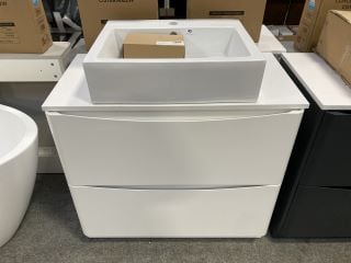 (COLLECTION ONLY) FLOOR STANDING 2 DRAWER COUNTER TOP SINK UNIT IN WHITE 900 X 460MM WITH A 1TH CERAMIC COUNTER TOP BASIN COMPLETE WITH A MONO BASIN MIXER TAP & CHROME SPRUNG WASTE - RRP £880: LOCATI