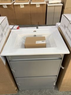 (COLLECTION ONLY) FLOOR STANDING 2 DRAWER SINK UNIT IN DOVE GREY WITH A 610 X 470MM 1TH CERAMIC BASIN COMPLETE WITH A MONO BASIN MIXER TAP & CHROME SPRUNG WASTE - RRP £765: LOCATION - D3