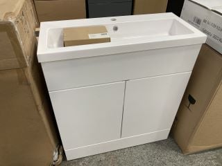 FLOOR STANDING 2 DOOR SLIMLINE SINK UNIT IN WHITE WITH A 810 X 360MM 1TH POLYMARBLE BASIN COMPLETE WITH A MONO BASIN MIXER TAP & CHROME SPRUNG WASTE - RRP £799: LOCATION - D5