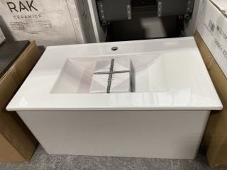 WALL HUNG 1 DRAWER SINK UNIT IN LIGHT GREY GLOSS WITH A 820 X 470MM 1TH CERAMIC BASIN COMPLETE WITH A MONO BASIN MIXER TAP & CHROME SPRUNG WASTE - RRP £820: LOCATION - D3