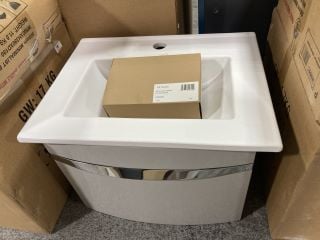 (COLLECTION ONLY) WALL HUNG 1 DRAWER SINK UNIT IN LIGHT GREY WITH A 510 X 400MM 1TH CERAMIC BASIN COMPLETE WITH A MONO BASIN MIXER TAP & CHROME SPRUNG WASTE - RRP £720: LOCATION - D4