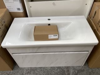 (COLLECTION ONLY) WALL HUNG 1 DRAWER SINK UNIT IN WHITE MARBLE EFFECT WITH A 900 X 450MM 1TH CERAMIC BASIN COMPLETE WITH A MONO BASIN MIXER TAP & CHROME SPRUNG WASTE - RRP £840: LOCATION - D5