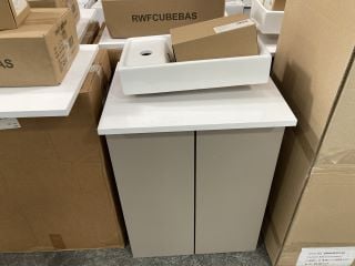 FLOOR STANDING 2 DOOR COUNTER TOP SINK UNIT IN MAT STONE GREY & WHITE 500 X 260MM WITH A STH CERAMIC COUNTER TOP BASIN COMPLETE WITH A MONO BASIN MIXER TAP & CHROME SPRUNG WASTE - RRP £645: LOCATION