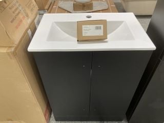 (COLLECTION ONLY) FLOOR STANDING 2 DOOR SINK UNIT IN BLACK WITH A 610 X 400MM 1TH CERAMIC BASIN COMPLETE WITH A MONO BASIN MIXER TAP & CHROME SPRUNG WASTE - RRP £730: LOCATION - D4