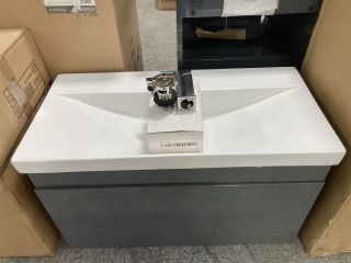 (COLLECTION ONLY) WALL HUNG 1 DRAWER SINK UNIT IN GLOSS GREY WITH A 810 X 400MM 1TH CERAMIC BASIN COMPLETE WITH A MONO BASIN MIXER TAP & CHROME SPRUNG WASTE - RRP £820: LOCATION - D4