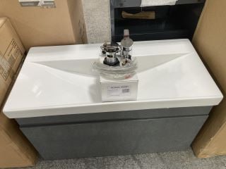 WALL HUNG 1 DRAWER SINK UNIT IN GLOSS GREY WITH A 810 X 400MM 1TH CERAMIC BASIN COMPLETE WITH A MONO BASIN MIXER TAP & CHROME SPRUNG WASTE - RRP £820: LOCATION - D5