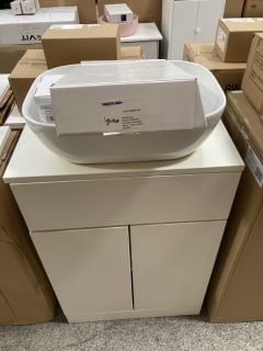 (COLLECTION ONLY) FLOOR STANDING 2 DOOR COUNTER TOP SINK UNIT IN WHITE 560 X 310MM WITH A CERAMIC VESSEL BASIN COMPLETE WITH A WALL MOUNTED BASIN MIXER IN CHROME WITH SPRUNG WASTE - RRP £725: LOCATIO