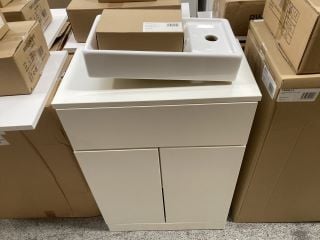 (COLLECTION ONLY) FLOOR STANDING 2 DOOR COUNTER TOP SINK UNIT IN WHITE 560 X 310MM WITH A STH CERAMIC COUNTER TOP BASIN COMPLETE WITH A MONO BASIN MIXER TAP & SPRUNG WASTE - RRP £725: LOCATION - D4