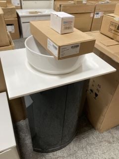 (COLLECTION ONLY) FLOOR STANDING 2 DOOR BOW FRONTED SINK UNIT IN GLOSS GREY 500 X 400MM WITH A WHITE SOLID SURFACE COUNTERTOP *CAN BE CUT TO SIZE 600 X 460MM* WITH A ROUND CERAMIC VESSEL BASIN COMPLE