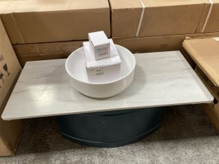 (COLLECTION ONLY) WALL HUNG 1 DRAWER BOW FRONTED SINK UNIT IN OXFORD BLUE 650 X 420MM WITH A MINERVA CONCRETE HAZE COUNTERTOP 980 X 440 X 12MM *COUNTER TOP CAN BE CUT TO SIZE*WITH A ROUND CERAMIC VES