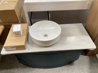 (COLLECTION ONLY) WALL HUNG 1 DRAWER BOW FRONTED SINK UNIT IN OXFORD BLUE 860 X 420MM WITH A MINERVA CONCRETE HAZE COUNTERTOP 980 X 440 X 12MM *COUNTER TOP CAN BE CUT TO SIZE*WITH A ROUND CERAMIC VES