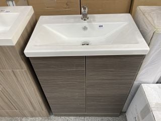 (COLLECTION ONLY) FLOOR STANDING 2 DOOR SINK UNIT IN BROWN GREY AVOLA WITH A 610 X 370MM 1TH CERAMIC BASIN COMPLETE WITH A MONO BASIN MIXER TAP & CHROME SPRUNG WASTE - RRP £740: LOCATION - D3