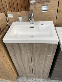 (COLLECTION ONLY) FLOOR STANDING 2 DOOR SINK UNIT IN DRIFTWOOD WITH A 500 X 360MM 1TH POLYMARBLE BASIN COMPLETE WITH A MONO BASIN MIXER TAP & CHROME SPRUNG WASTE - RRP £725: LOCATION - D3