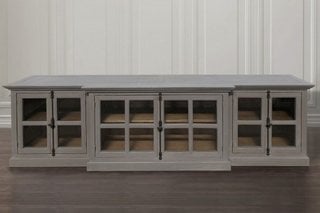 (COLLECTION ONLY) HADLEY ROSE LARGE DISPLAY STYLE CABINET IN DISTRESSED GREY AND GLASS FINISH: LOCATION - C8