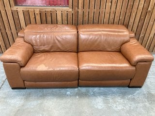 LAURENCE LARGE 3 SEATER DOUBLE POWER RECLINER SOFA WITH DOUBLE POWER HEADRESTS IN RELAXED EMBOSSED COGNAC BROWN LEATHER: LOCATION - C4