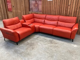 PRIESTLEY LARGE 3 SEATER LEFT HAND FACING TRIPLE POWER RECLINER CORNER SOFA WITH STORAGE CENTRE CONSOLE IN TANGERINE LEATHER - RRP £3463: LOCATION - C4