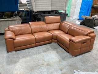 LAURENCE LARGE 3 SEATER RIGHT HAND FACING POWER RECLINER CORNER SOFA WITH POWER HEADREST IN COGNAC RELAXED EMBOSSED LEATHER: LOCATION - D7