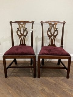 PAIR OF ANTIQUE STYLE DINING CHAIRS IN DARK WOOD FRAME FINISH WITH PLUM PLUSH FABRIC SEAT PADS: LOCATION - C1