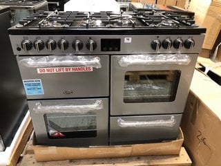 BELLING SANDRINGHAM 100DFT 100CM DUAL FUEL GAS RANGE COOKER IN SILVER - MODEL 444444112 - RRP £1,349.99: LOCATION - B2 (KERBSIDE PALLET DELIVERY)