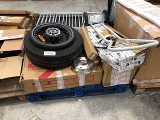 PALLET OF ASSORTED ITEMS TO INCLUDE 20" ELECTRIC BIKE WHEEL: LOCATION - A4 (KERBSIDE PALLET DELIVERY)