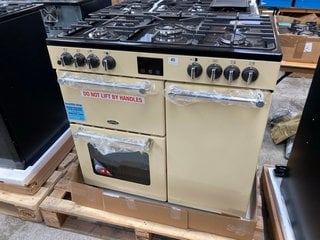 BELLING KENSINGTON 90DFT 90CM DUAL FUEL RANGE COOKER IN CREAM MODEL : 444444043 RRP - £1299: LOCATION - B3 (KERBSIDE PALLET DELIVERY)