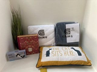 QTY OF ASSORTED ITEMS TO INCLUDE THE CAT SITS HERE CUSHION: LOCATION - E1