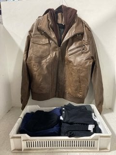 QTY OF MENS CLOTHING IN VARIOUS DESIGNS & SIZES TO INCLUDE FAUX LEATHER JACKET IN BROWN - UK SIZE 3X-LARGE: LOCATION - WH8