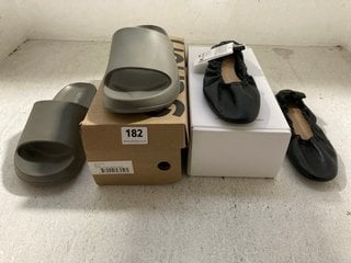 SCHUH MENS SLIDERS IN GREY - UK SIZE 10/11 TO INCLUDE H&M LEATHER BALLET PUMPS IN BLACK - UK SIZE 5: LOCATION - WH9