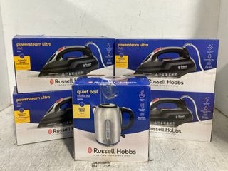 4 X RUSSELL HOBBS POWER STEAM ULTRA IRONS TO INCLUDE RUSSELL HOBBS QUIET BOIL KETTLE: LOCATION - H13